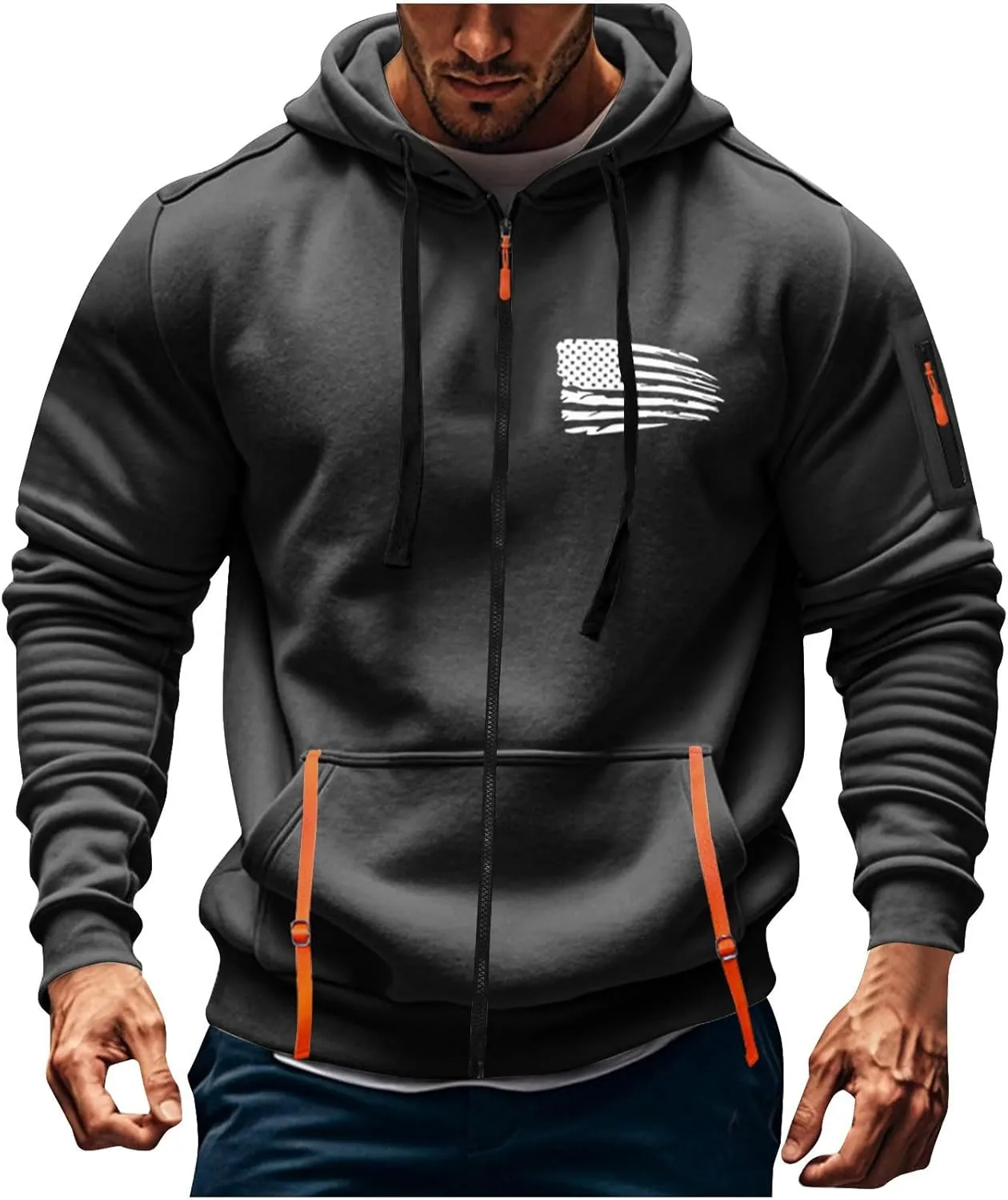Men Hoodies Full Zip Hooded Sweatshirt American Flag Long Sleeve Coats Trendy Casual Jackets with Pocket