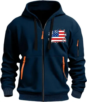 Men Hoodies Full Zip Hooded Sweatshirt American Flag Long Sleeve Coats Trendy Casual Jackets with Pocket