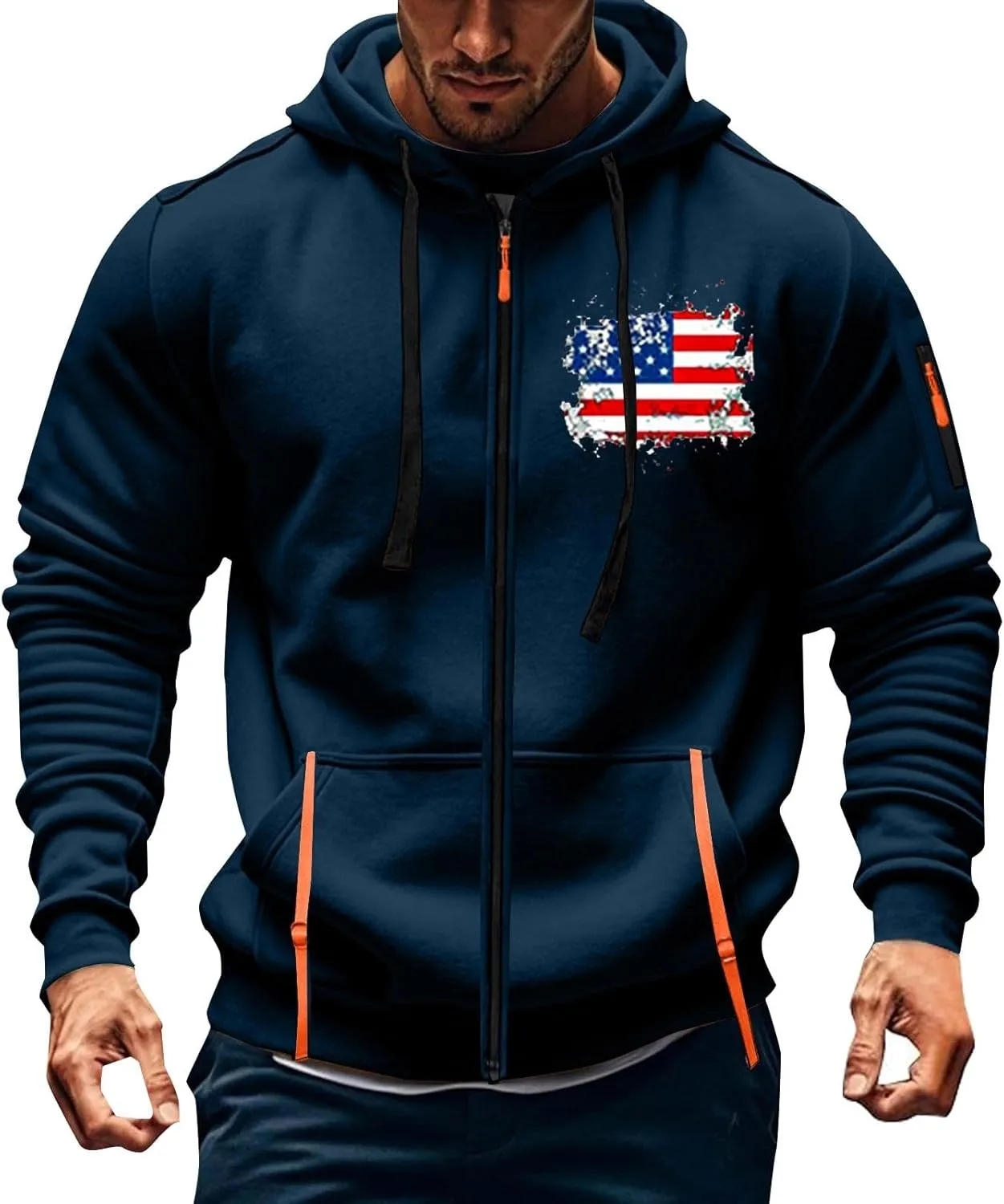 Men Hoodies Full Zip Hooded Sweatshirt American Flag Long Sleeve Coats Trendy Casual Jackets with Pocket