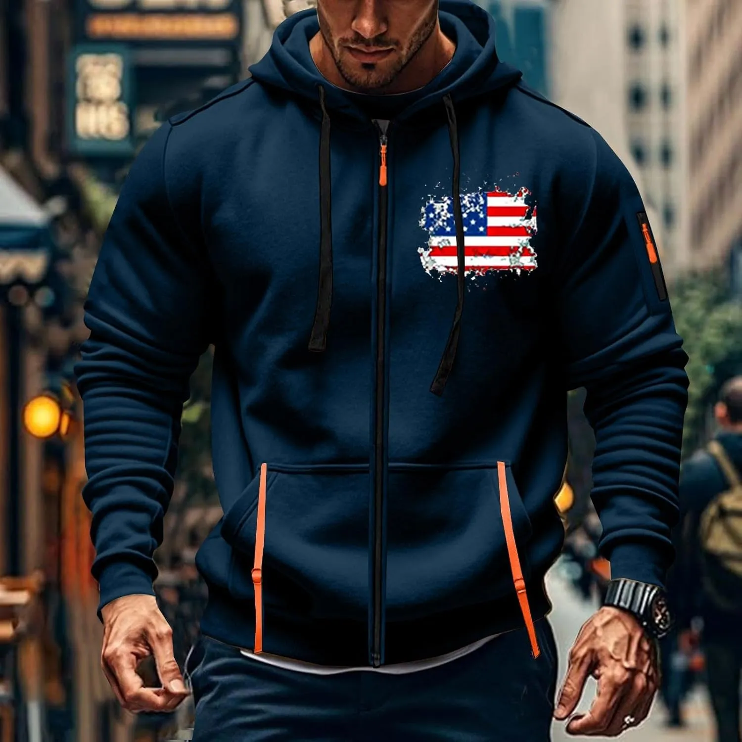 Men Hoodies Full Zip Hooded Sweatshirt American Flag Long Sleeve Coats Trendy Casual Jackets with Pocket