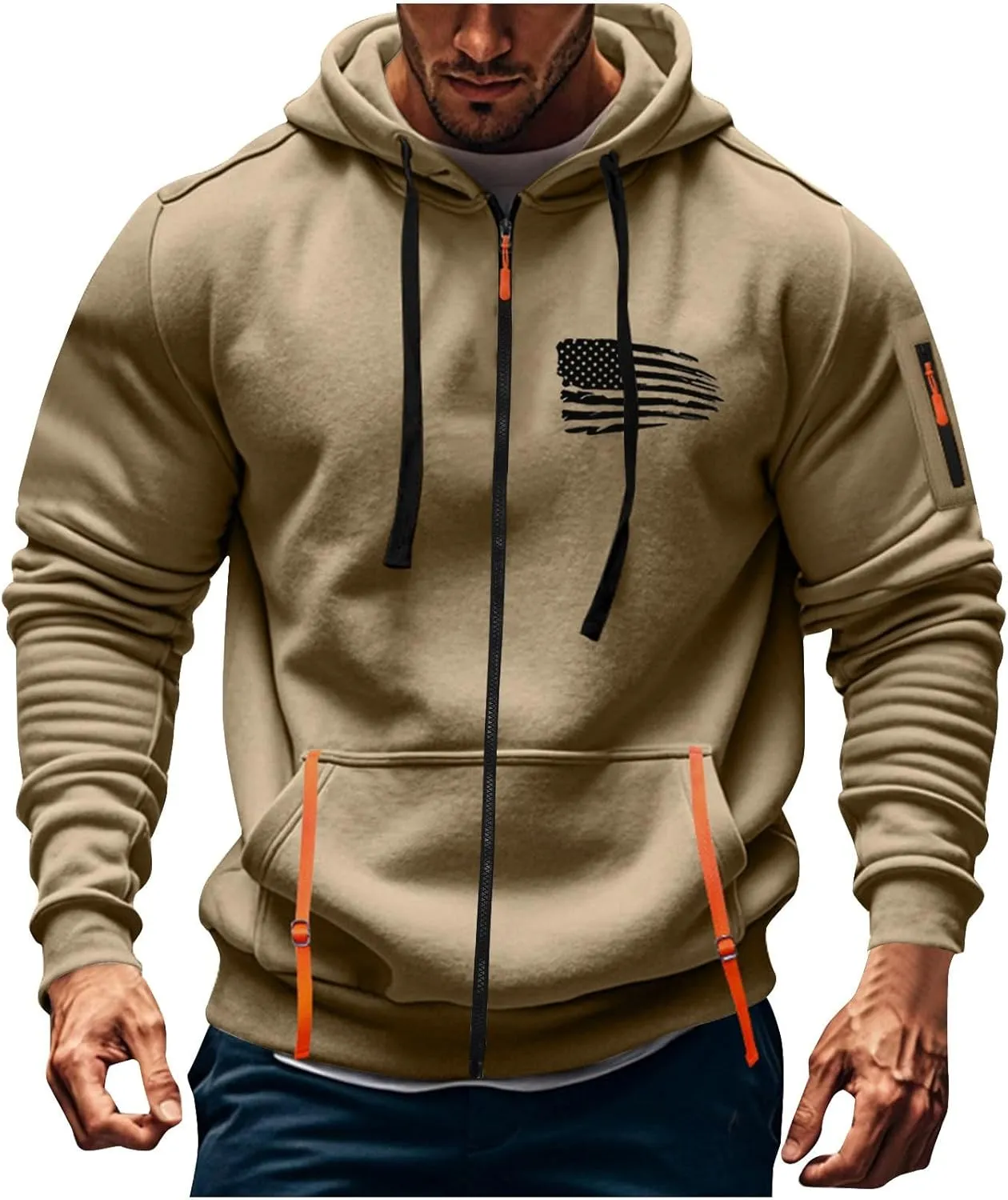 Men Hoodies Full Zip Hooded Sweatshirt American Flag Long Sleeve Coats Trendy Casual Jackets with Pocket