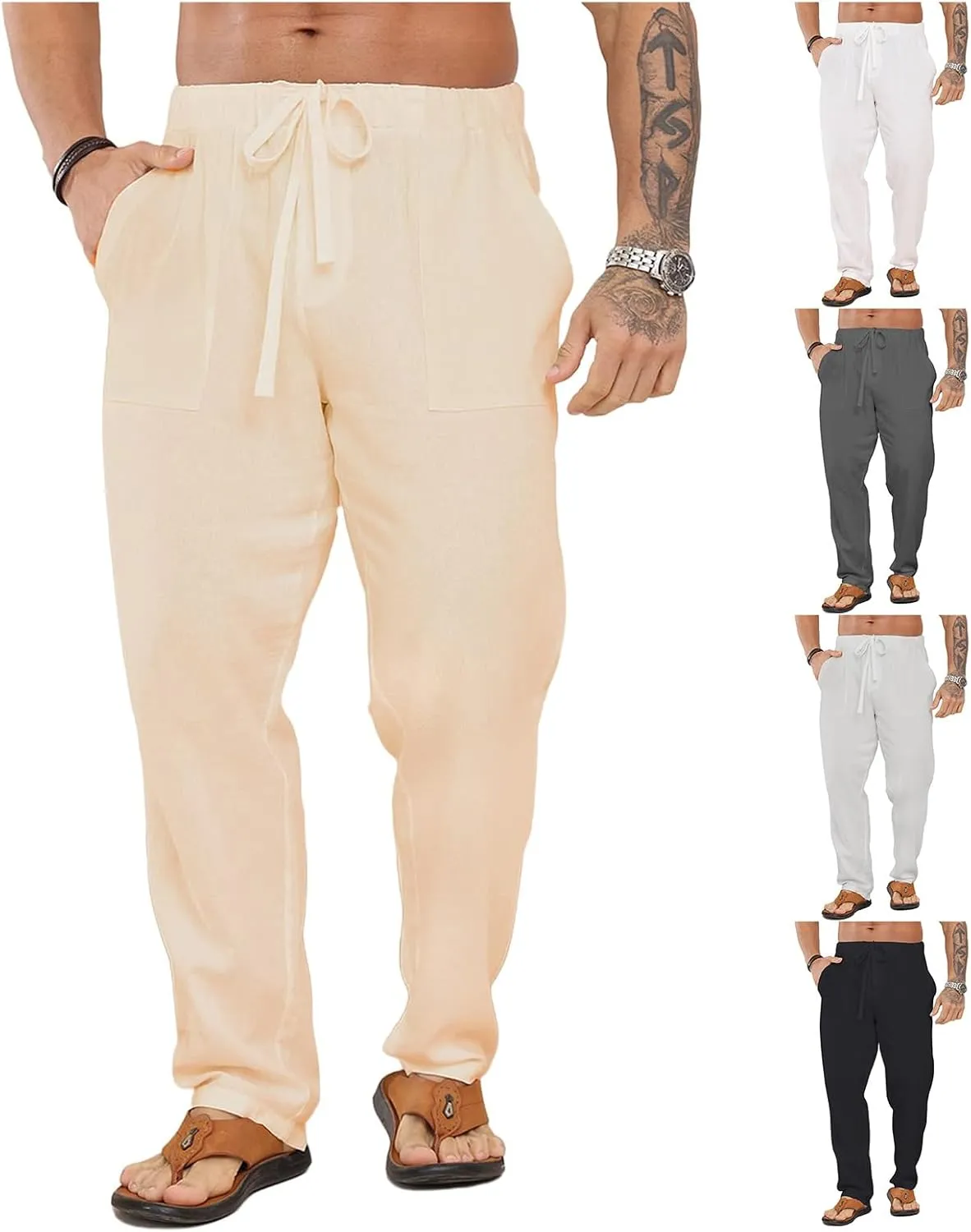 Men's Cotton Linen Pants Elastic Drawstring Waist Lounge Beach Yoga Trousers Casual Pants for Men Relaxed Fit
