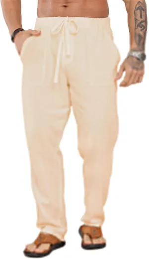 Men's Cotton Linen Pants Elastic Drawstring Waist Lounge Beach Yoga Trousers Casual Pants for Men Relaxed Fit