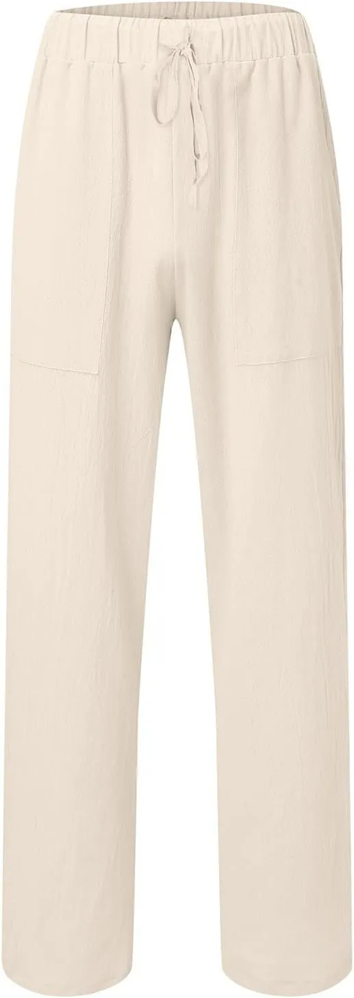 Men's Cotton Linen Pants Elastic Drawstring Waist Lounge Beach Yoga Trousers Casual Pants for Men Relaxed Fit