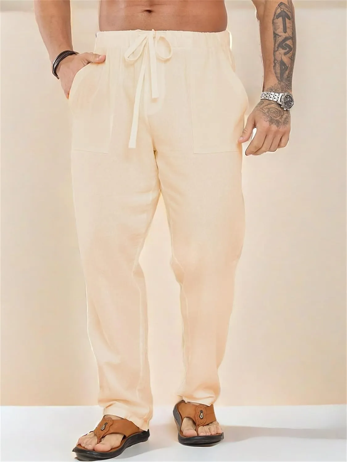 Men's Cotton Linen Pants Elastic Drawstring Waist Lounge Beach Yoga Trousers Casual Pants for Men Relaxed Fit
