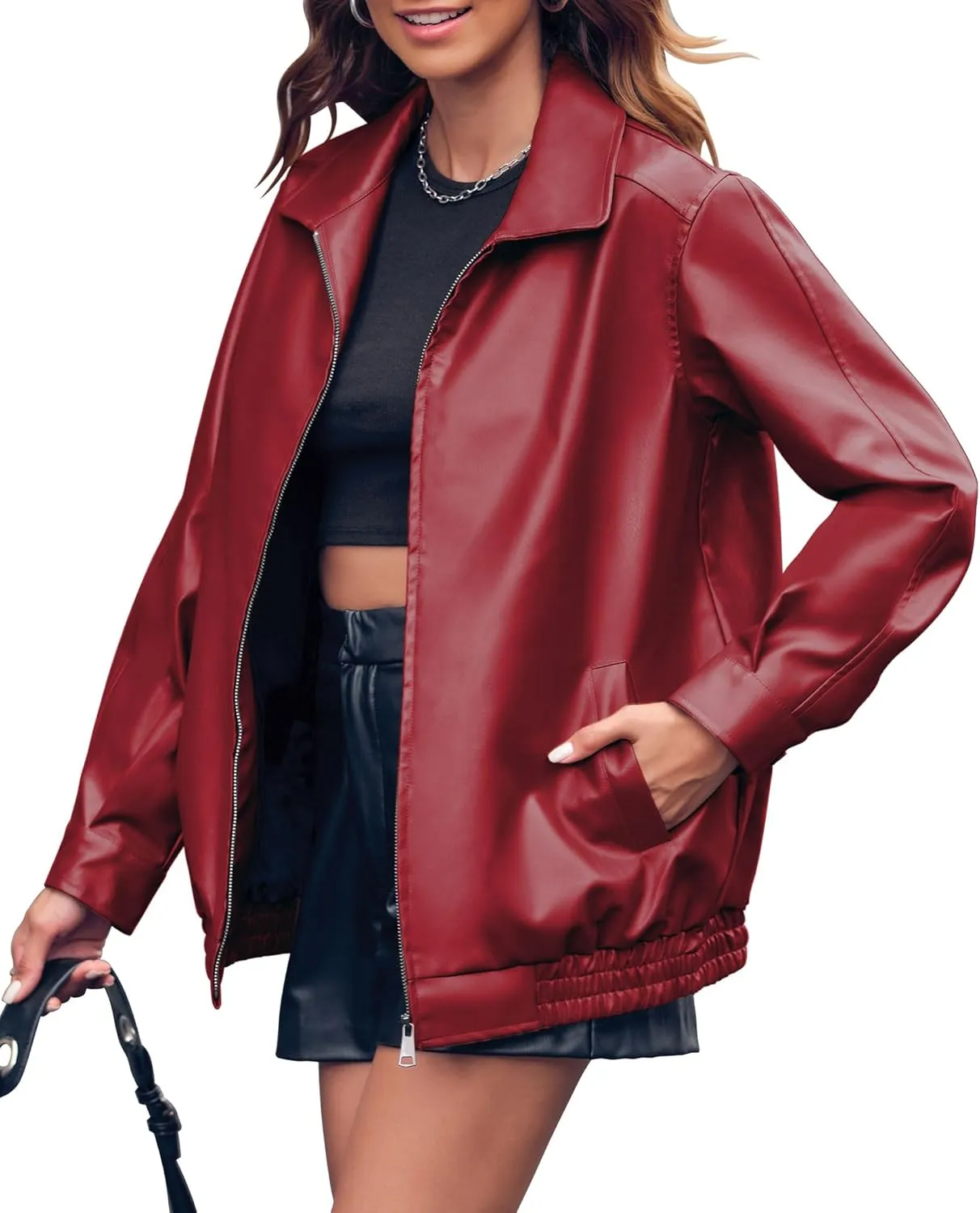 Miladusa Womens Oversized Leather Jackets Faux Casual Zip Up Trendy Bomber Motorcycle Jacket with Pockets S-XL