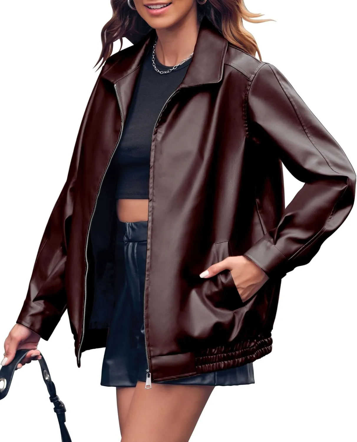 Miladusa Womens Oversized Leather Jackets Faux Casual Zip Up Trendy Bomber Motorcycle Jacket with Pockets S-XL