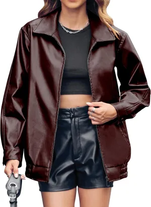 Miladusa Womens Oversized Leather Jackets Faux Casual Zip Up Trendy Bomber Motorcycle Jacket with Pockets S-XL
