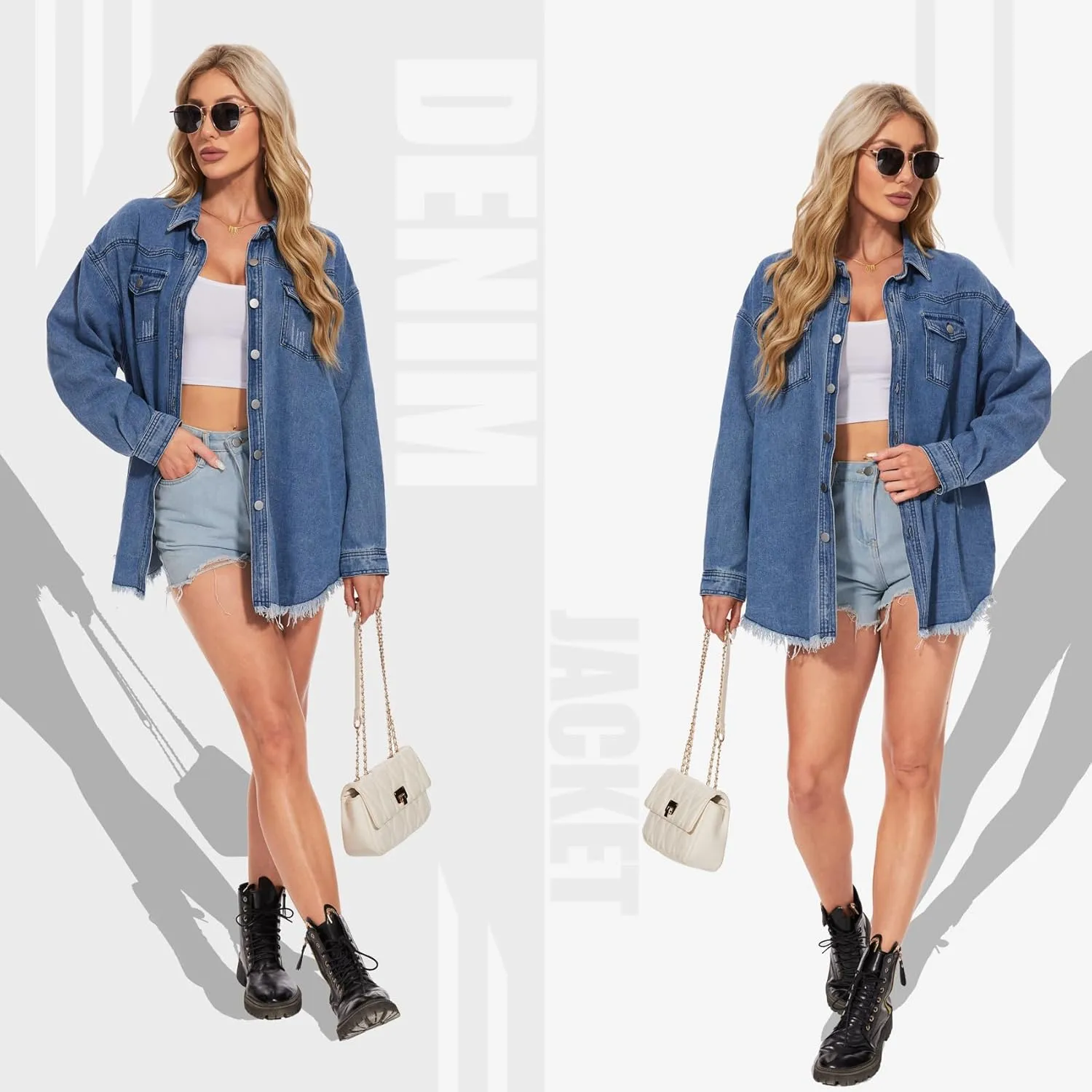 MISS MOLY Denim Jacket for Women Trendy Oversized Long Sleeve Frayed Hem Boyfriend Jean Shacket Coat
