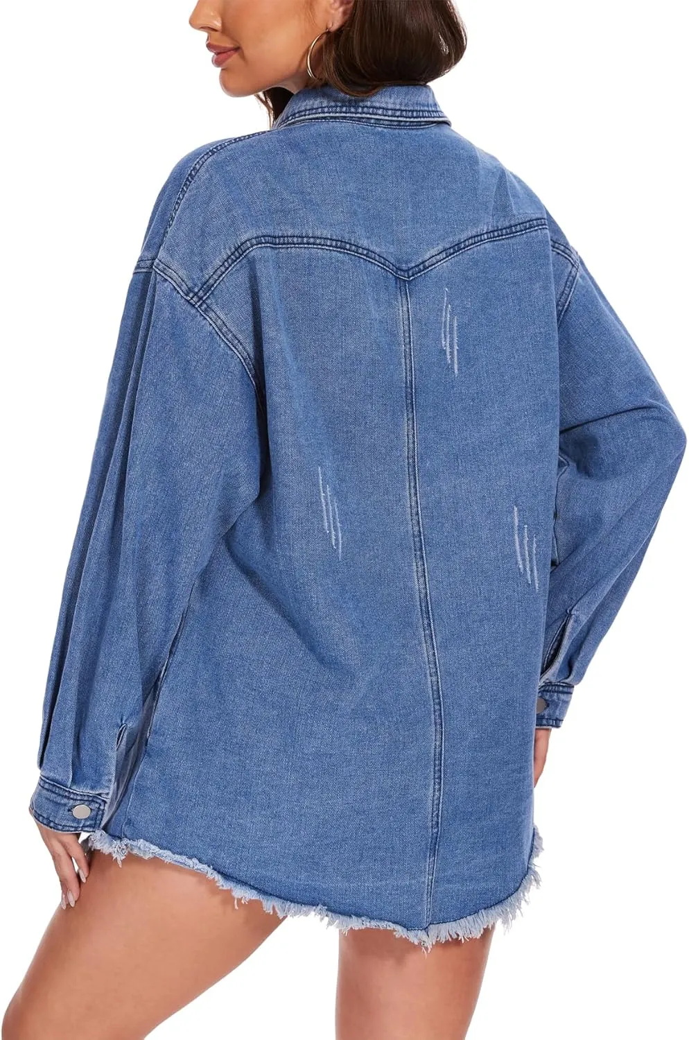 MISS MOLY Denim Jacket for Women Trendy Oversized Long Sleeve Frayed Hem Boyfriend Jean Shacket Coat