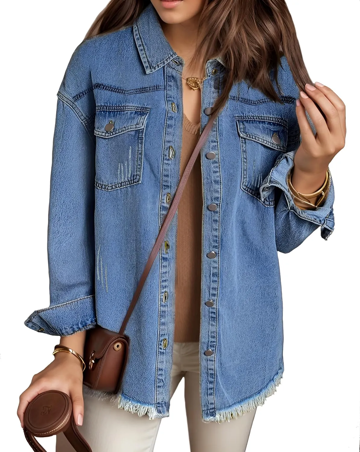 MISS MOLY Denim Jacket for Women Trendy Oversized Long Sleeve Frayed Hem Boyfriend Jean Shacket Coat