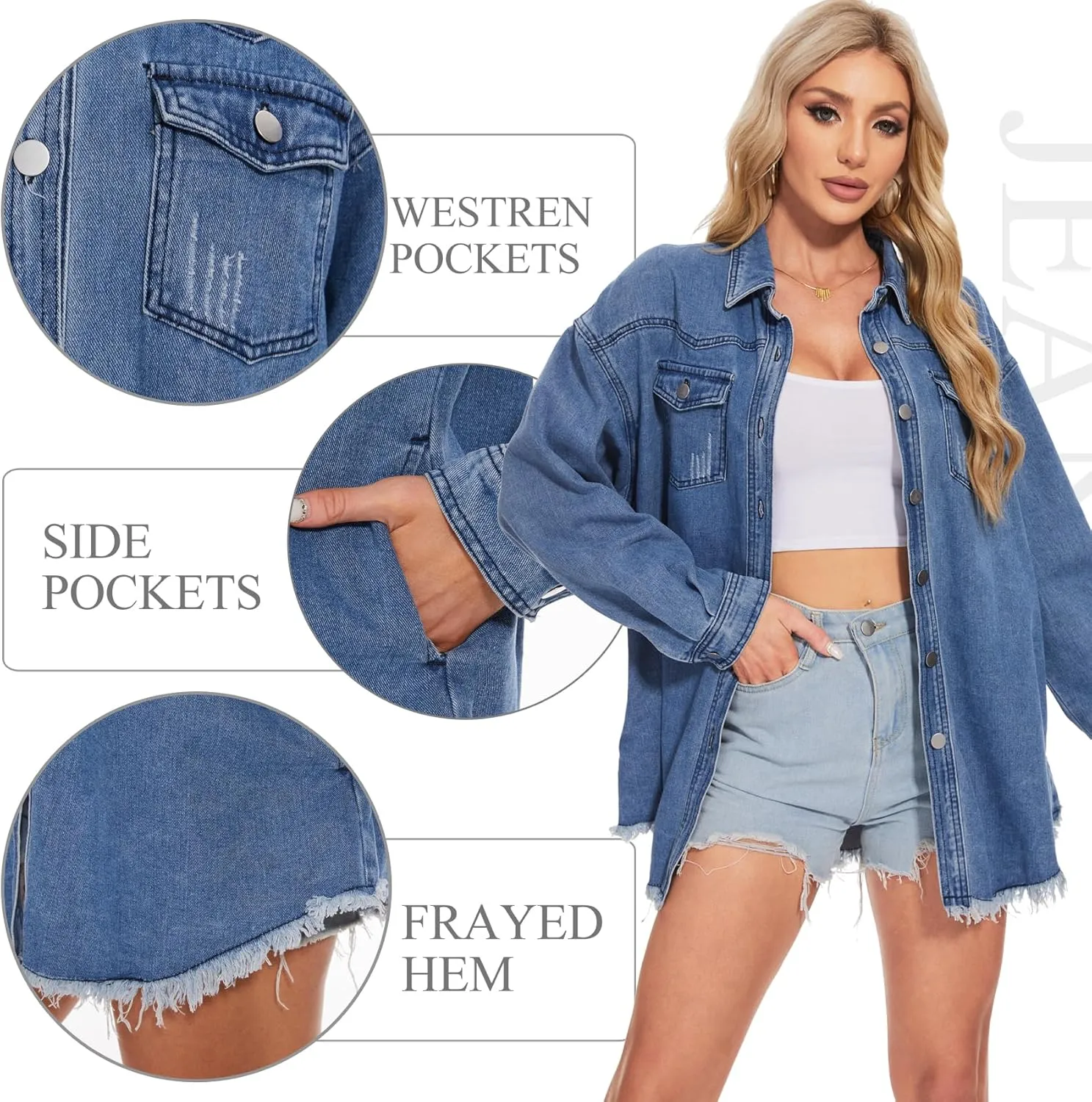 MISS MOLY Denim Jacket for Women Trendy Oversized Long Sleeve Frayed Hem Boyfriend Jean Shacket Coat