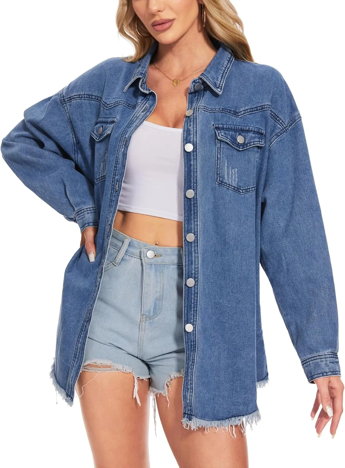 MISS MOLY Denim Jacket for Women Trendy Oversized Long Sleeve Frayed Hem Boyfriend Jean Shacket Coat