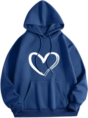 Mmoneyake Womens Graphic Hoodie Casual Heart Print Long Sleeve Pullover Fall Oversized Crew Neck Sweatshirt Trendy Streetwear