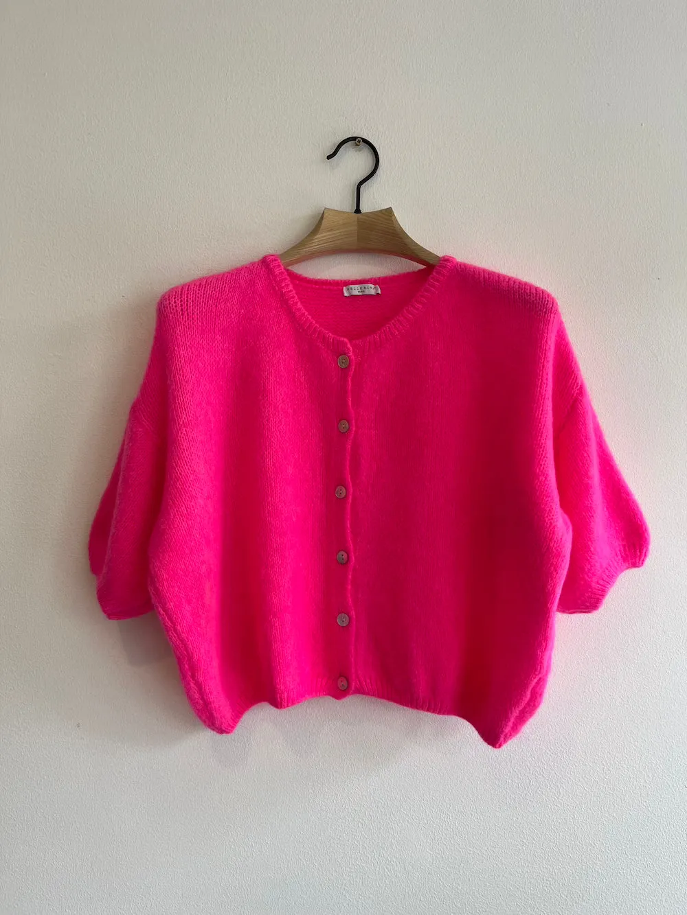 Neon Pink Cropped Sleeve Mohair Cardigan