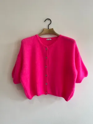 Neon Pink Cropped Sleeve Mohair Cardigan