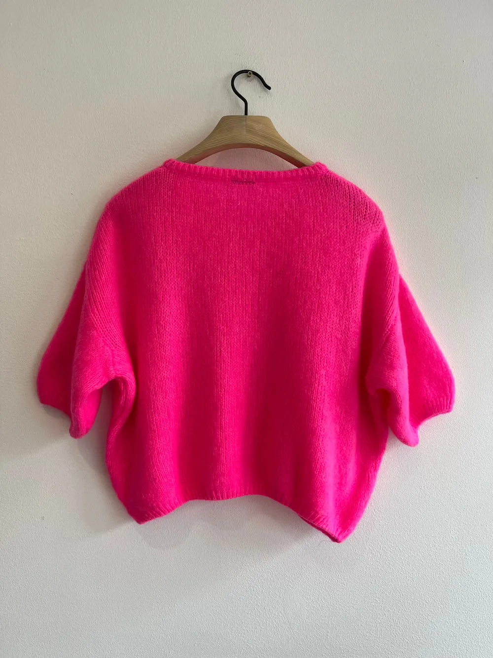 Neon Pink Cropped Sleeve Mohair Cardigan