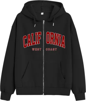 Oversized Graphic Zip Up Hoodies Vintage California Letter Print Zipper Jackets for Women Trendy Hooded Sweatshirt