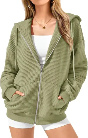 Oversized Zip Up Hoodie Women Long Sleeve Hooded Preppy Sweatshirts with Pockets Casual Jacket Y2k Fall Outfits 2024