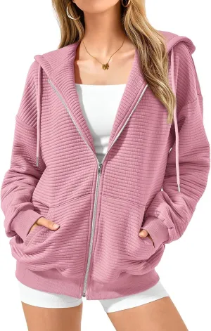 Oversized Zip Up Hoodie Women Long Sleeve Hooded Preppy Sweatshirts with Pockets Casual Jacket Y2k Fall Outfits 2024