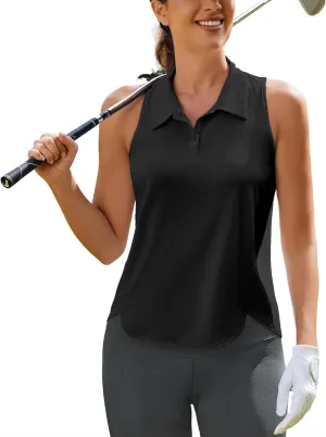 PINSPARK Women's Golf Shirt UPF 50  Sleeveless Tennis Polo V Neck Workout Tank Top Racerback Athletic T Shirts with Collar