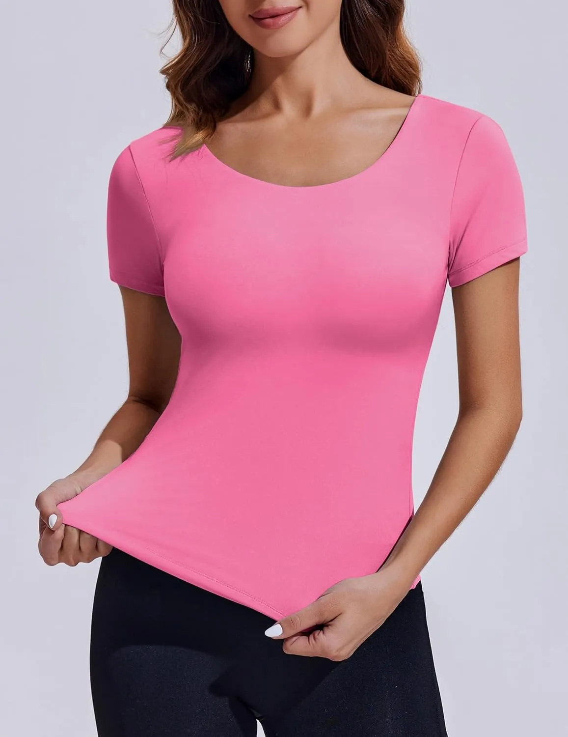 PINSPARK Workout Tops for Women Double Lined Crew Neck Athletic T-Shirts Short Sleeve Tight Basic Tee for Yoga Gym Casual