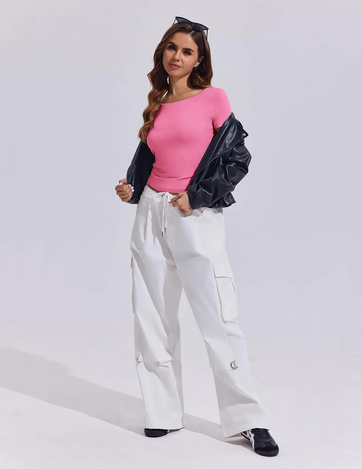 PINSPARK Workout Tops for Women Double Lined Crew Neck Athletic T-Shirts Short Sleeve Tight Basic Tee for Yoga Gym Casual