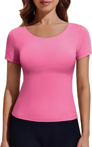 PINSPARK Workout Tops for Women Double Lined Crew Neck Athletic T-Shirts Short Sleeve Tight Basic Tee for Yoga Gym Casual