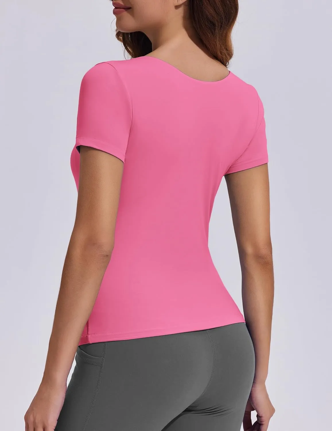 PINSPARK Workout Tops for Women Double Lined Crew Neck Athletic T-Shirts Short Sleeve Tight Basic Tee for Yoga Gym Casual