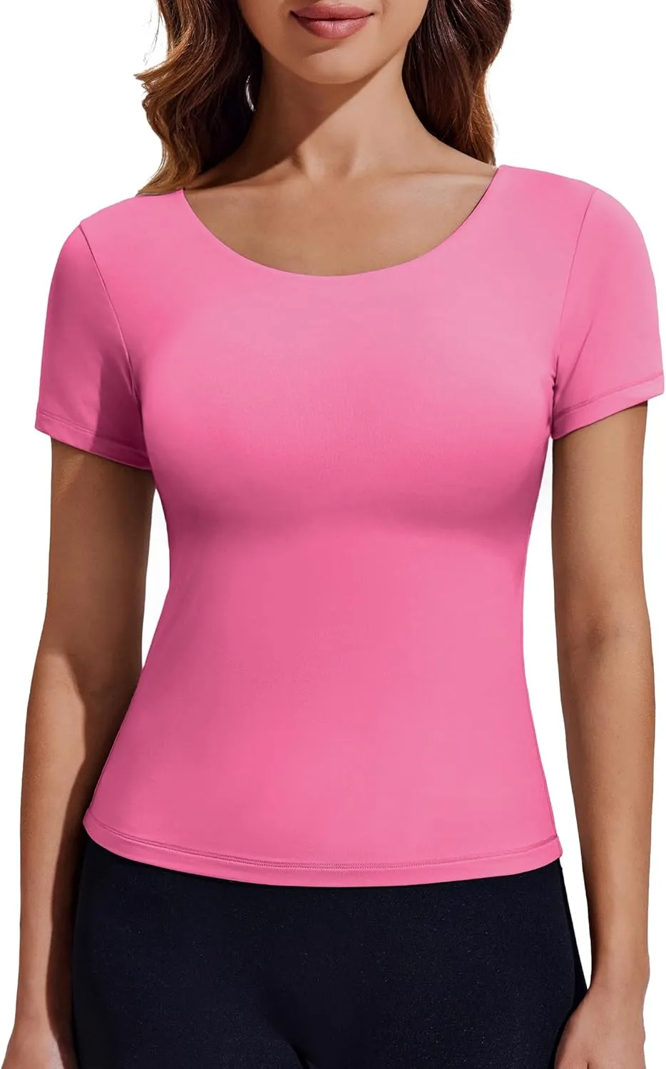 PINSPARK Workout Tops for Women Double Lined Crew Neck Athletic T-Shirts Short Sleeve Tight Basic Tee for Yoga Gym Casual