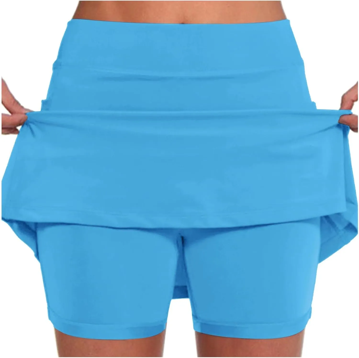 Prime Big Clearance Days 2024 Tennis Skorts for Women with Pockets Summer High Waisted Double Layered Pleats Athletic Skort Skirt with Shorts Underneath Workout Shorts Womens Scrunch Butt,Sky Blue,M
