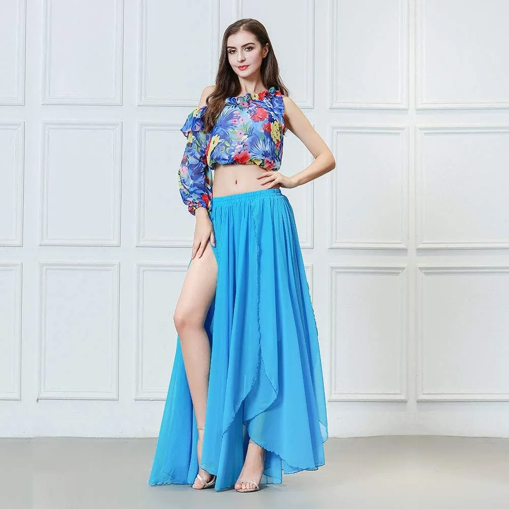 ROYAL SMEELA Belly Dance Costume for Women Chiffon Belly Dancing Skirts Slit Maxi Skirt One Shoulder Casual Tops Blouse Shirt