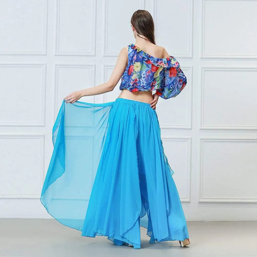 ROYAL SMEELA Belly Dance Costume for Women Chiffon Belly Dancing Skirts Slit Maxi Skirt One Shoulder Casual Tops Blouse Shirt