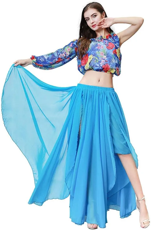 ROYAL SMEELA Belly Dance Costume for Women Chiffon Belly Dancing Skirts Slit Maxi Skirt One Shoulder Casual Tops Blouse Shirt