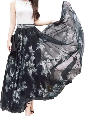 Sinono Women's Floral Maxi Chiffon Long Skirts Full Length Beach Skirt