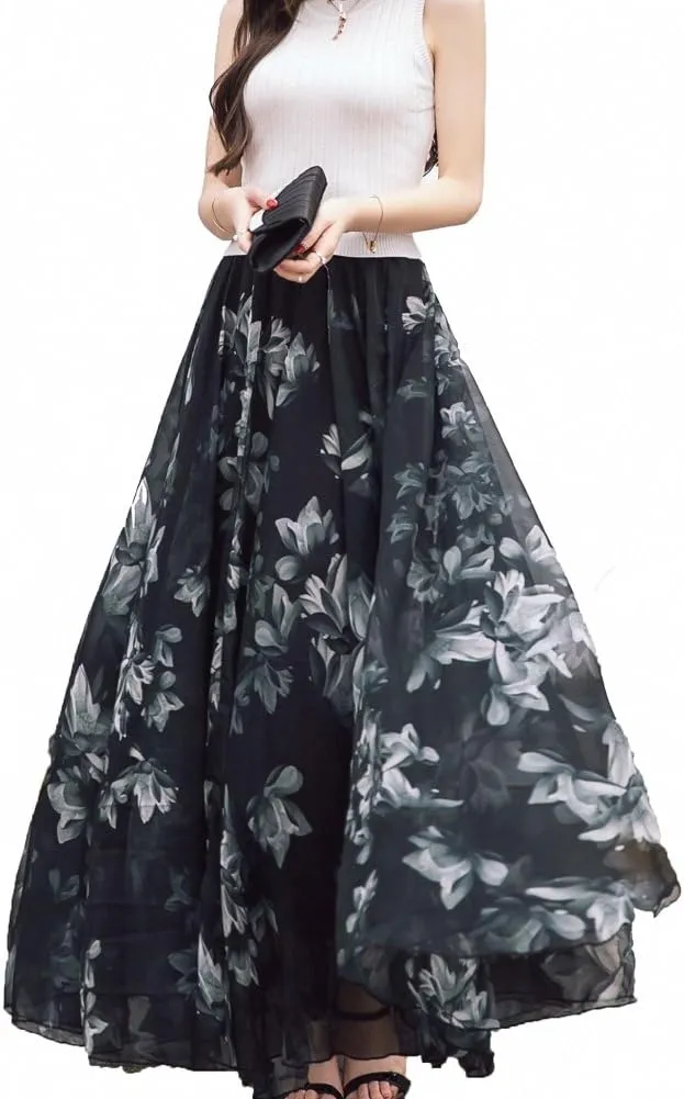 Sinono Women's Floral Maxi Chiffon Long Skirts Full Length Beach Skirt