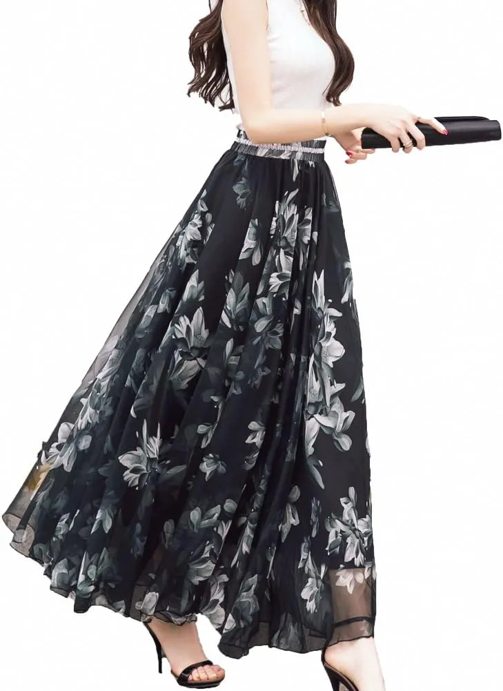 Sinono Women's Floral Maxi Chiffon Long Skirts Full Length Beach Skirt