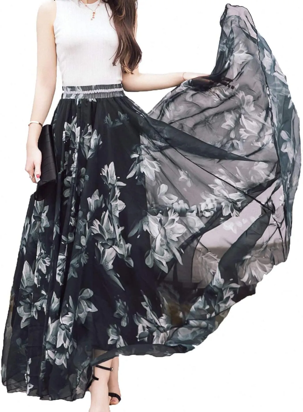 Sinono Women's Floral Maxi Chiffon Long Skirts Full Length Beach Skirt