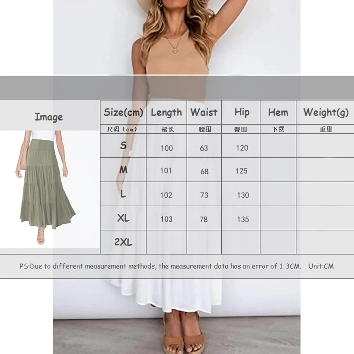 Summer Boho Elastic Waist Pleated Midi Skirt for Women A-line Flowy Ruffle Swing Tiered Long Beach Skirt Dress