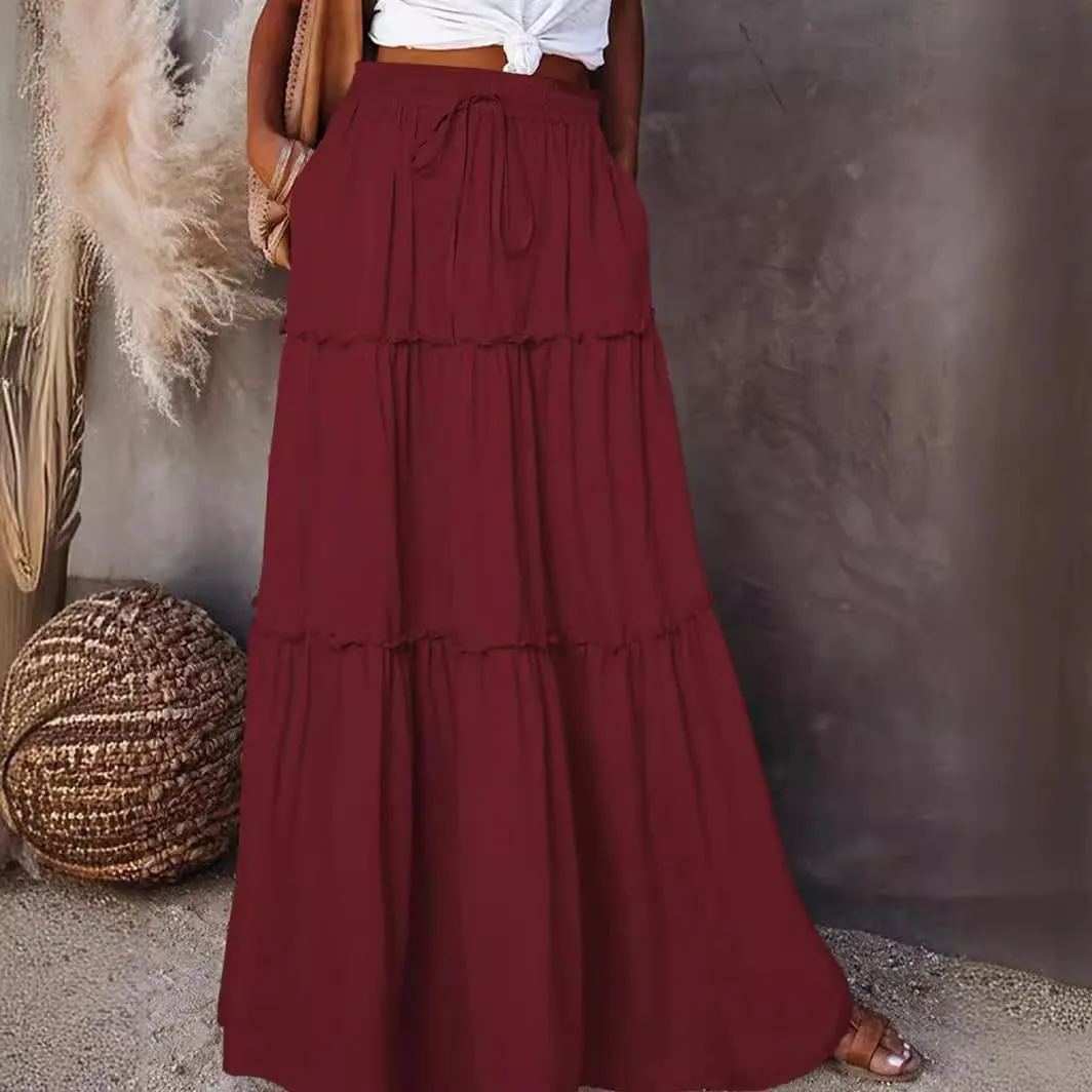 Summer Boho Elastic Waist Pleated Midi Skirt for Women A-line Flowy Ruffle Swing Tiered Long Beach Skirt Dress