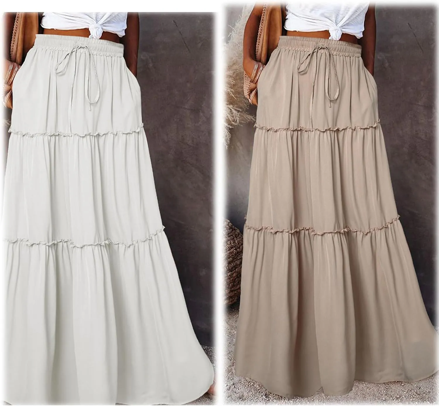 Summer Boho Elastic Waist Pleated Midi Skirt for Women A-line Flowy Ruffle Swing Tiered Long Beach Skirt Dress