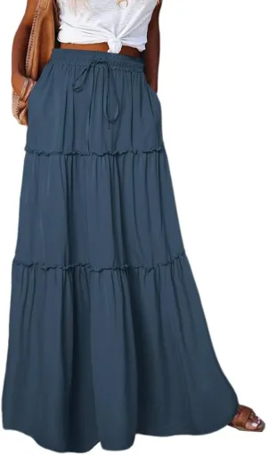 Summer Boho Elastic Waist Pleated Midi Skirt for Women A-line Flowy Ruffle Swing Tiered Long Beach Skirt Dress
