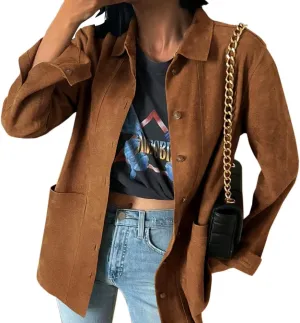 Tankaneo Womens Faux Suede Shirts Jackets Casual Button Down Long Sleeve Shackets Coat Trendy 2025 Spring Clothes