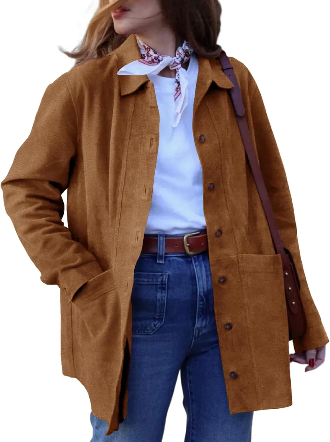Tankaneo Womens Faux Suede Shirts Jackets Casual Button Down Long Sleeve Shackets Coat Trendy 2025 Spring Clothes