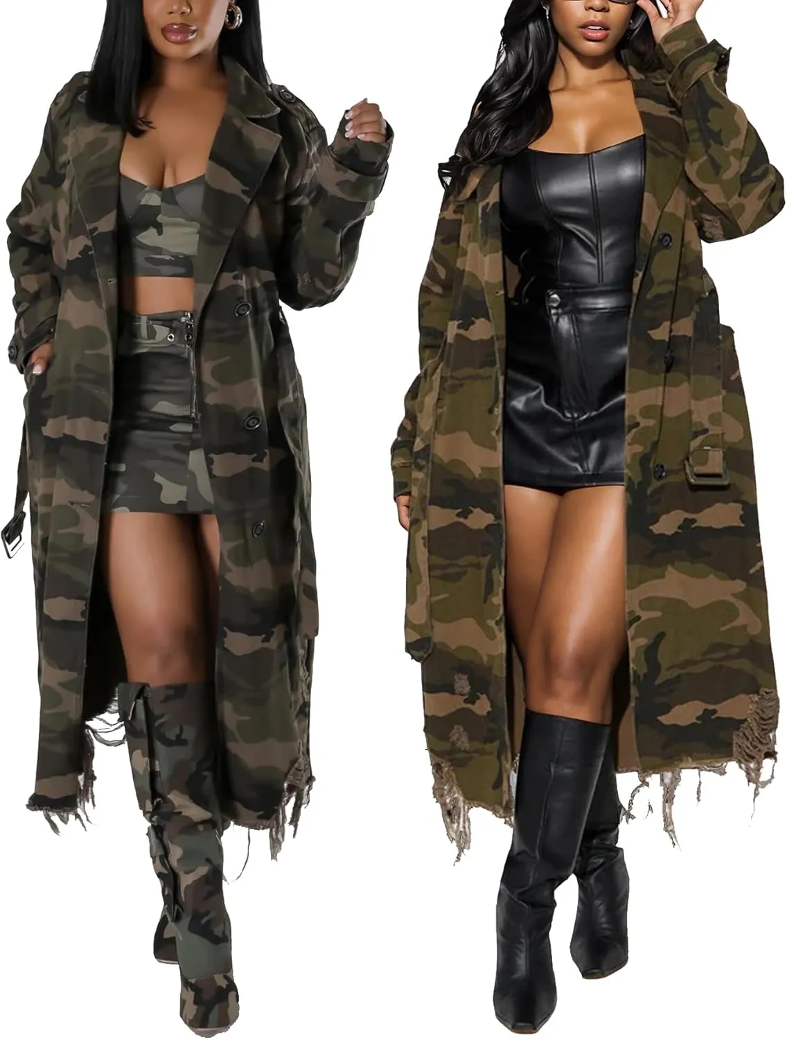 Tbahhir Long Camo Trench Coat for Women Long Sleeve Lapel Distressed Camouflage Army Fatigue Jacket Overcoat with Belt