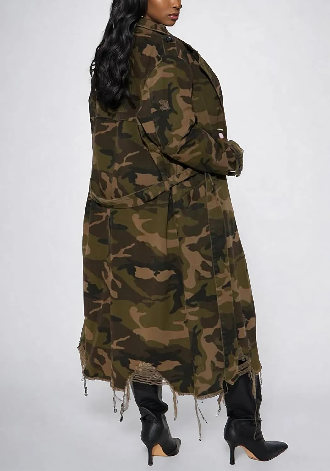 Tbahhir Long Camo Trench Coat for Women Long Sleeve Lapel Distressed Camouflage Army Fatigue Jacket Overcoat with Belt