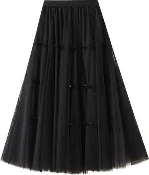 Tulle Skirts for Women, High Waist Double-Layered Mesh Pleated Midi Skirts