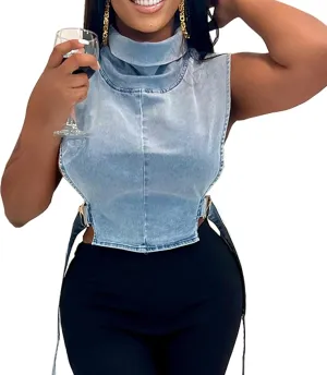 Women Denim Cropped Jacket Summer Fashion Sleeveless Vest Casual Lace-Up Jean Jacket with Buckles Outdoor Clothes