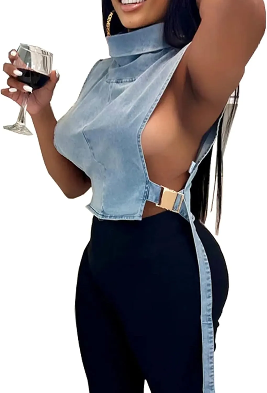 Women Denim Cropped Jacket Summer Fashion Sleeveless Vest Casual Lace-Up Jean Jacket with Buckles Outdoor Clothes