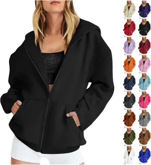 Women Full Zipper Oversized Hooded Sweatshirts Long Sleeve Drop Shoulder Hoodies Trendy Casual Pullover Y2K Clothes